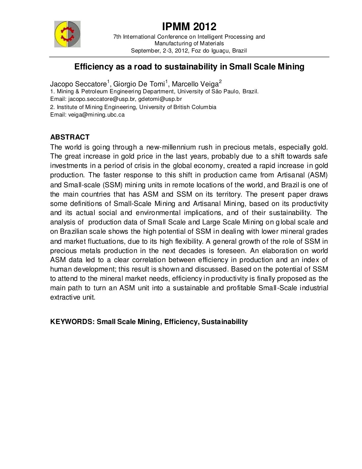 First page of Efficiency as a road to sustainability in Small Scale Mining