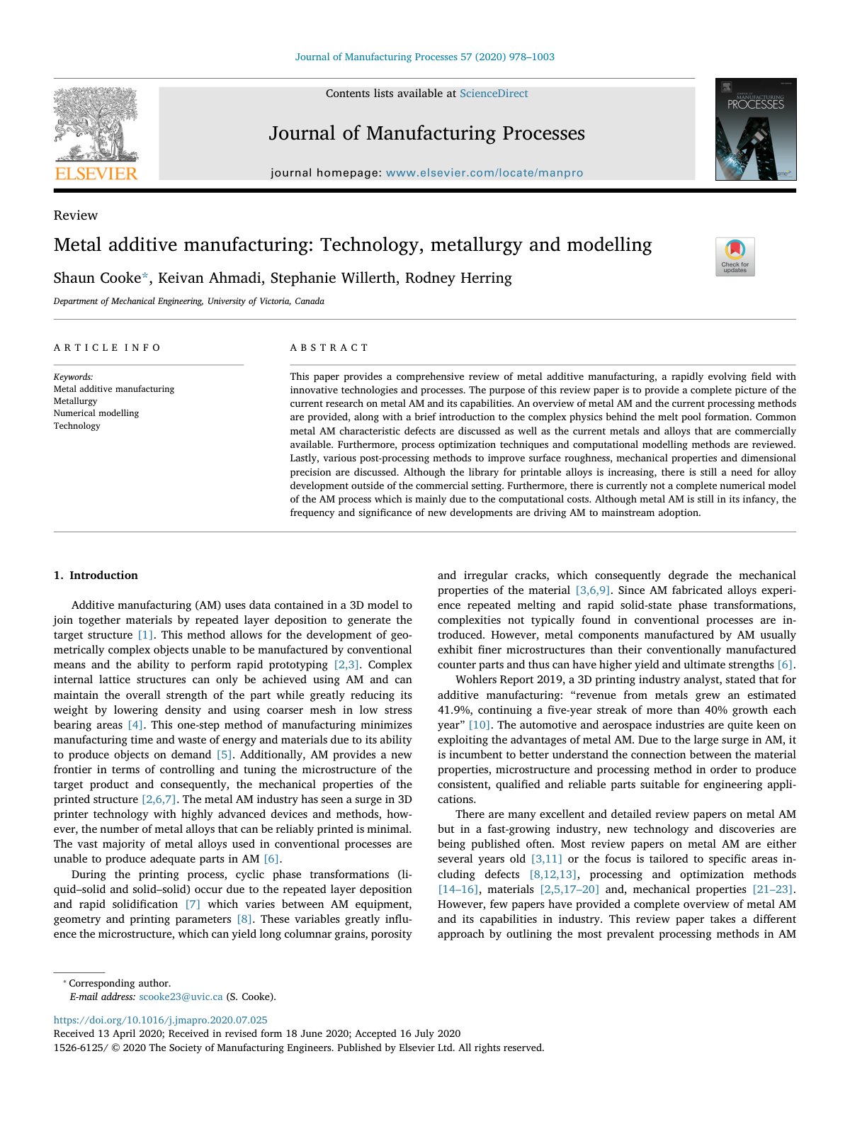 First page of Metal additive manufacturing: Technology, metallurgy and modelling