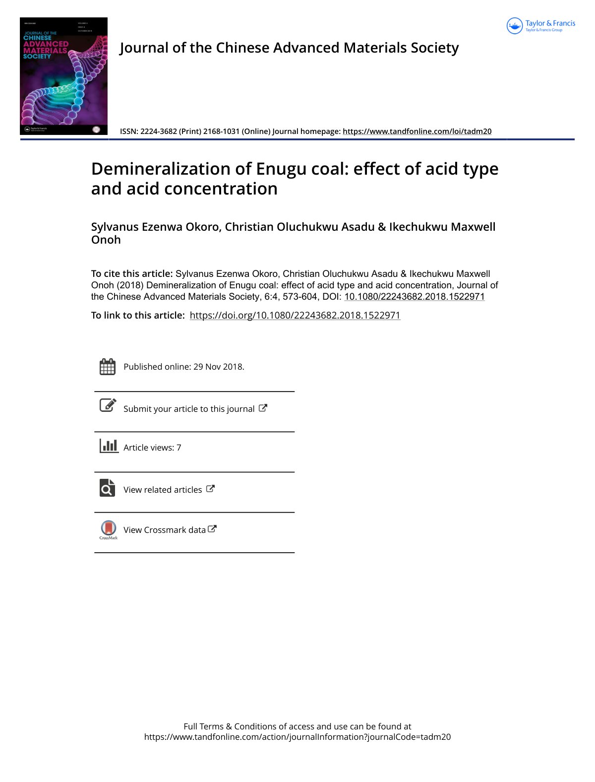 First page of Demineralization of Enugu coal effect of