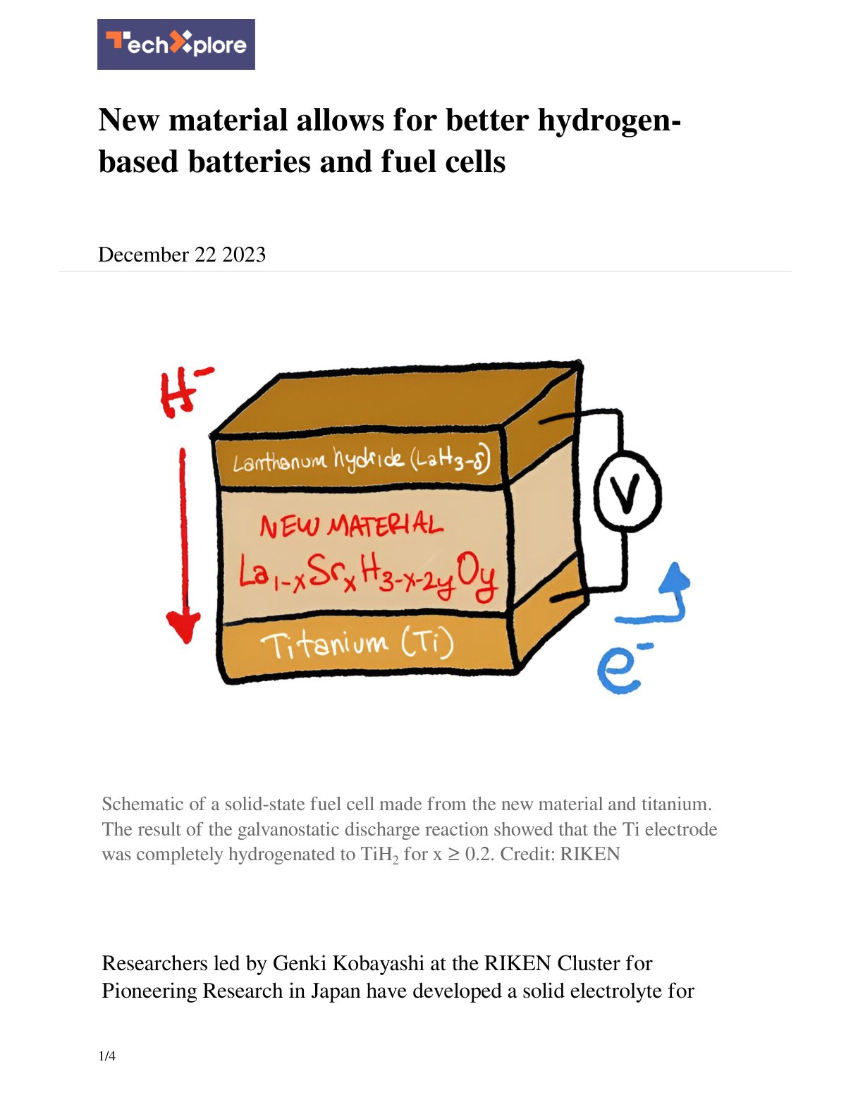 First page of New material allows for better hydrogen-based batteries and fuel cells