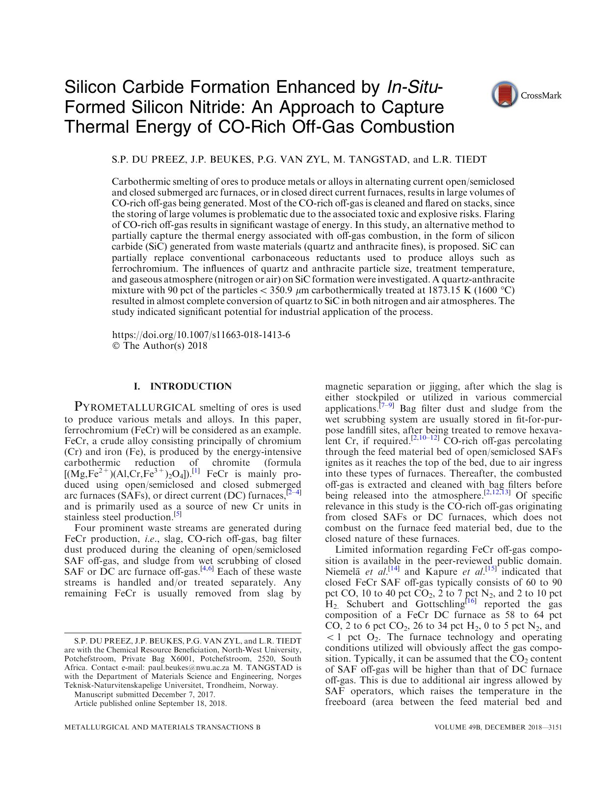First page of Silicon Carbide Formation Enhanced by In-Situ-Formed Silicon Nitride: An Approach to Capture Thermal Energy of CO-Rich Off-Gas Combustion