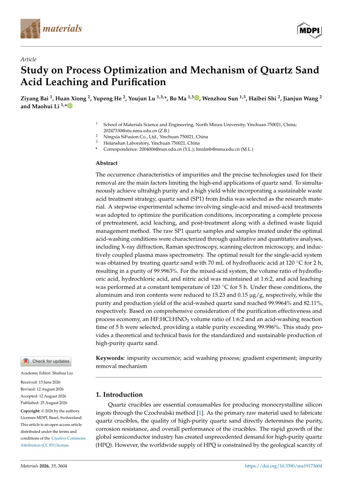 First page of 2026   Bai   Quartz sand acid leaching optimization