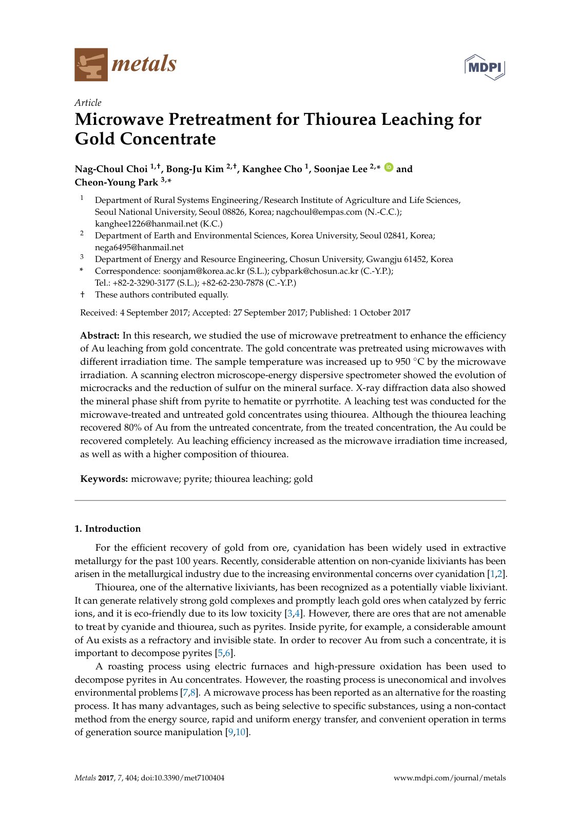 First page of 2017   Choi   Microwave pretreatment for thiourea gold leaching