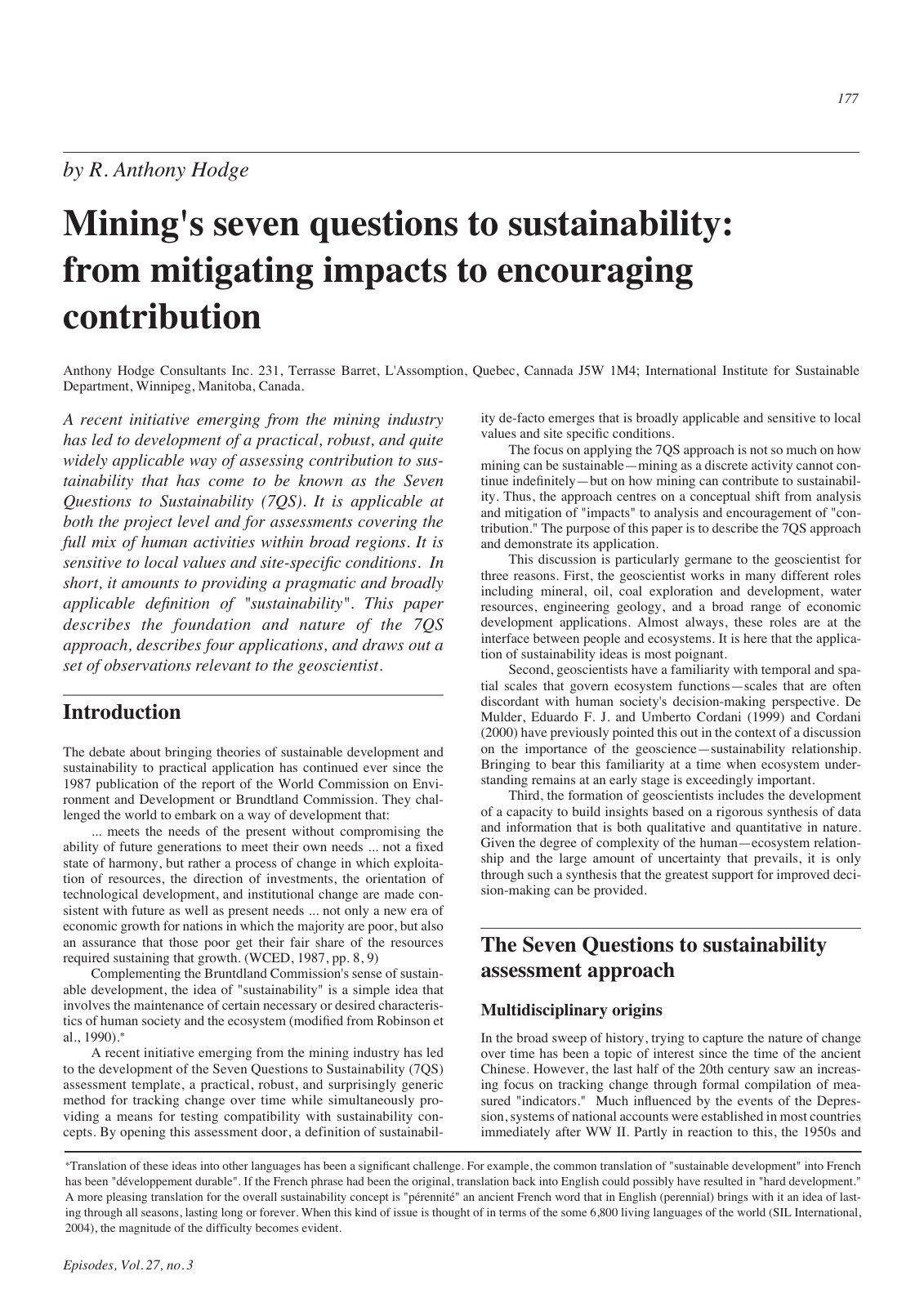First page of Minings seven questions to sustainabilit