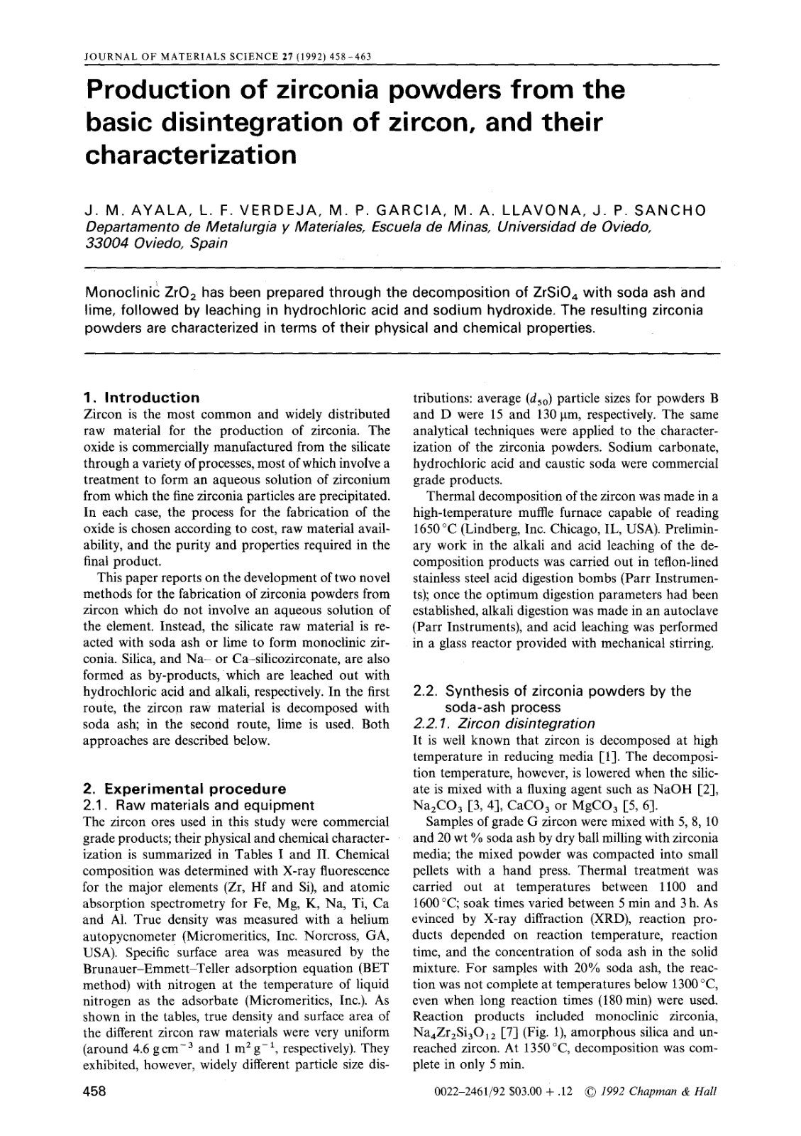 First page of Production of zirconia powders from the