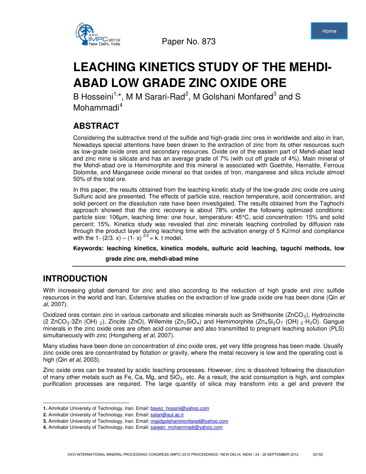 First page of LEACHING KINETICS STUDY OF THE MEHDI-ABAD LOW GRADE ZINC OXIDE ORE