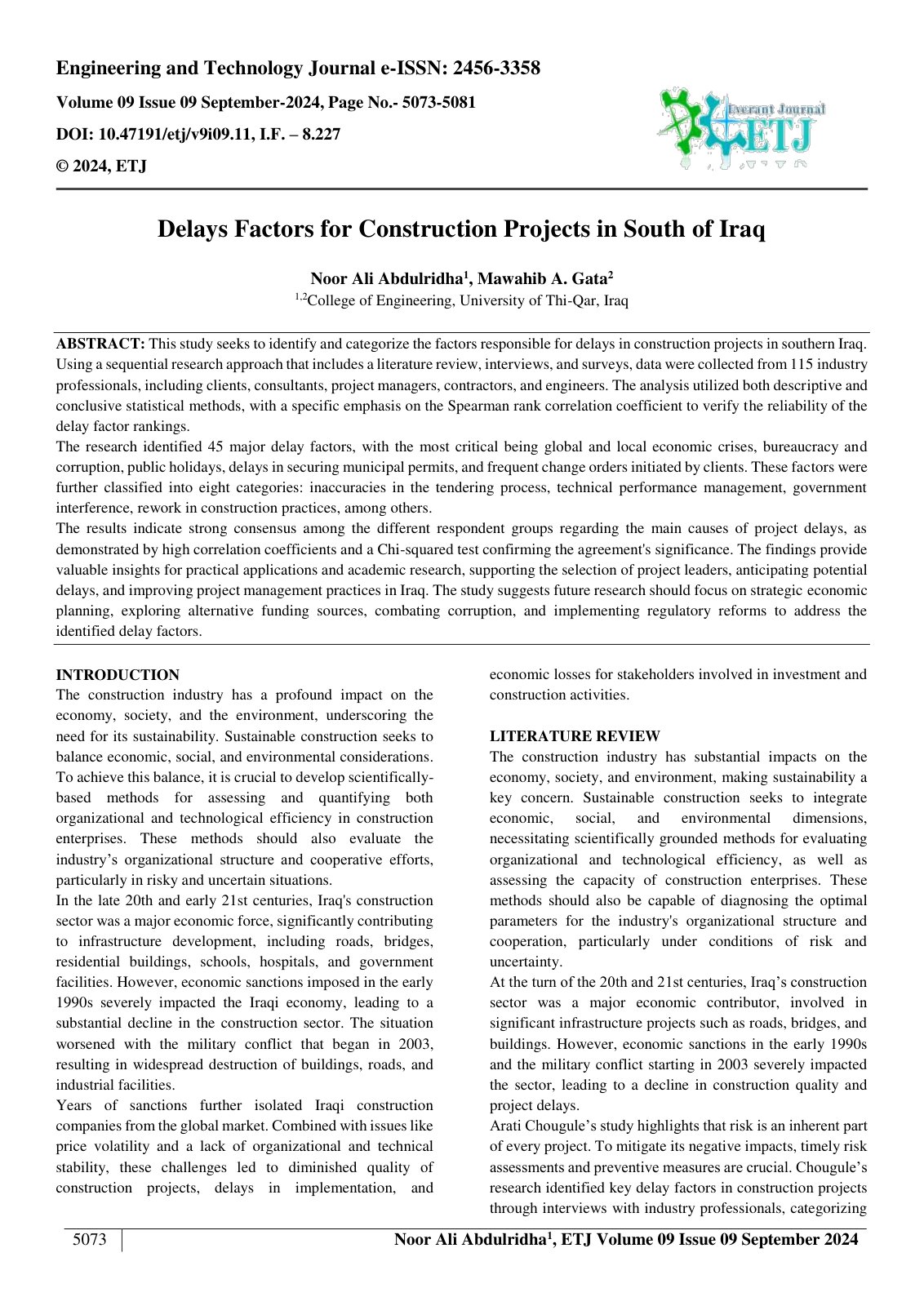 First page of Delays Factors for Construction Projects in South of Iraq