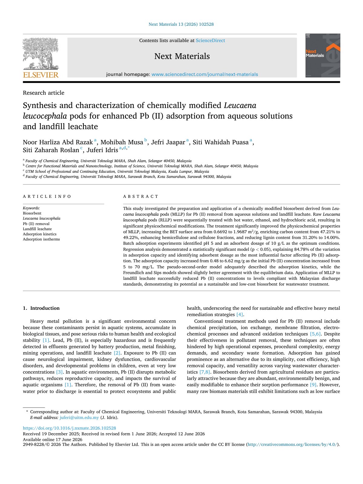First page of Synthesis and characterization of chemically modified Leucaena le 2026 Next 