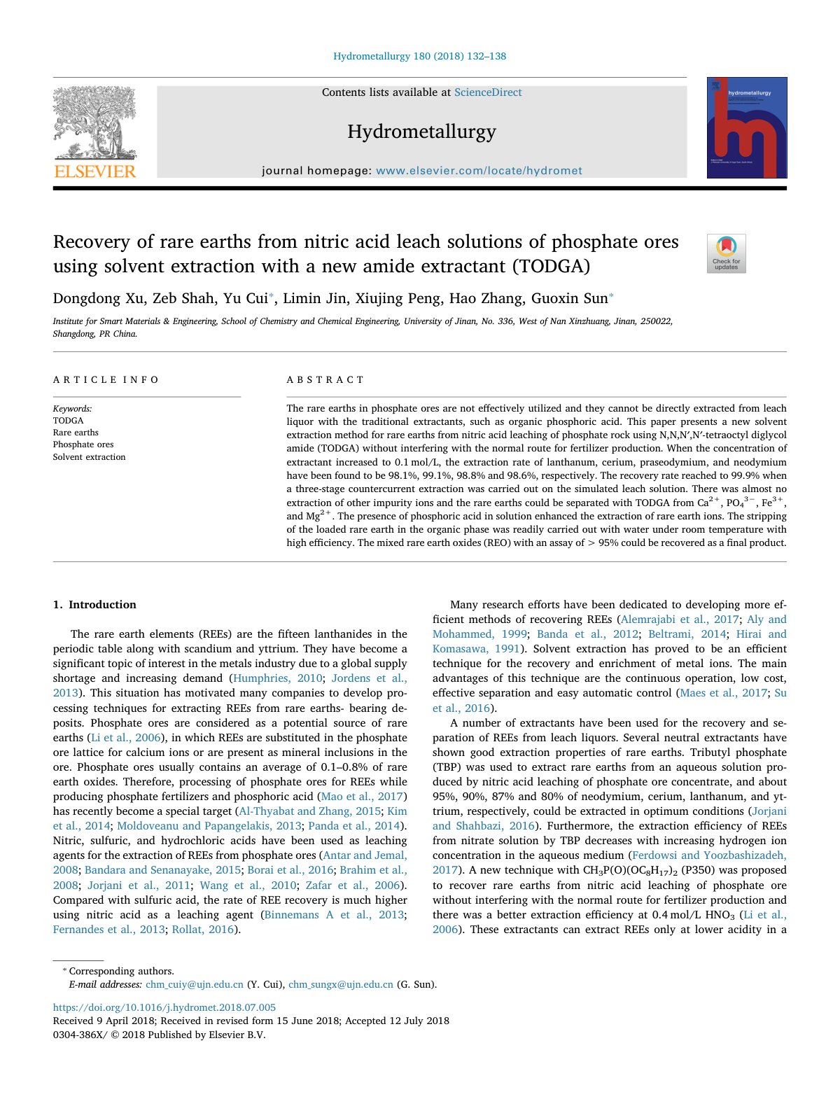 First page of Recovery of rare earths from nitric acid