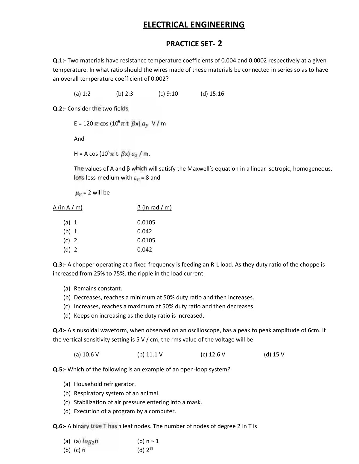 First page of ELECTRICAL ENGINEERING PRACTICE SET 2