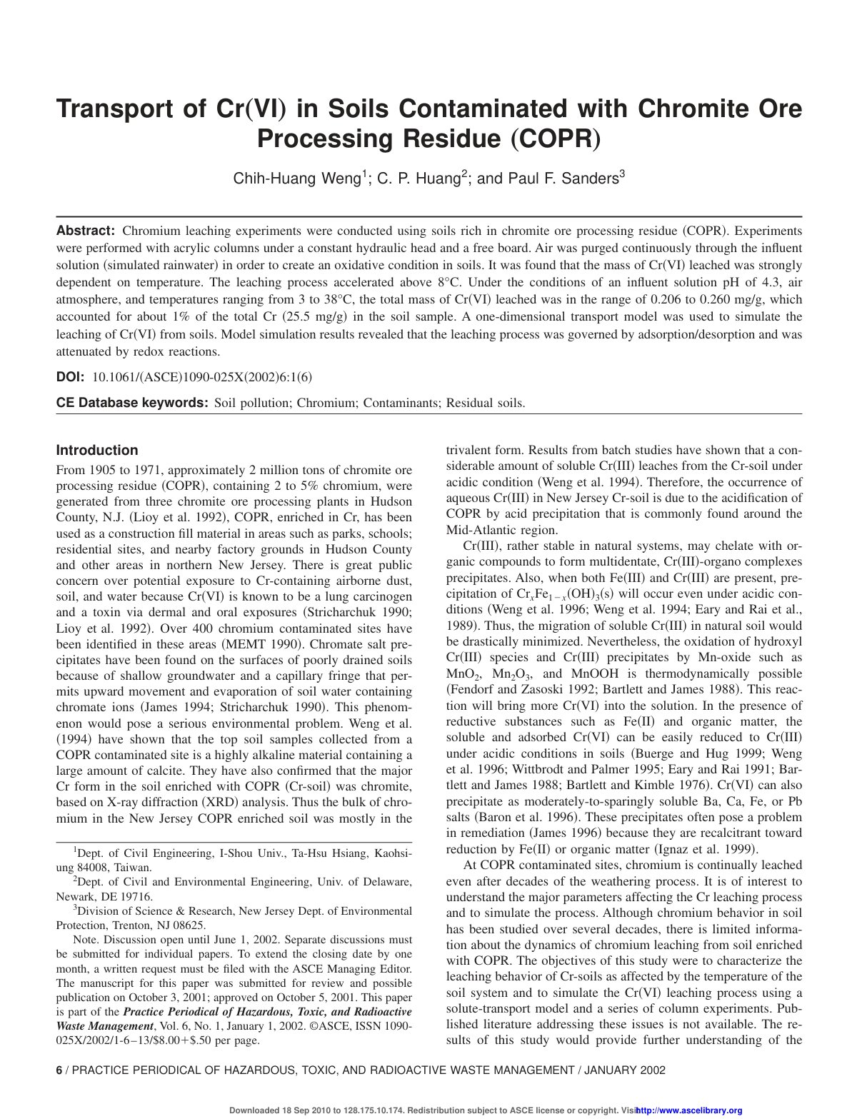 First page of Transport of Cr„ VI… in Soils Contaminated with Chromite Ore Processing Residue „ COPR…