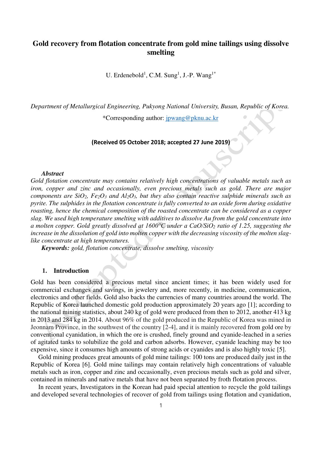 First page of Gold recovery from flotation concentrate