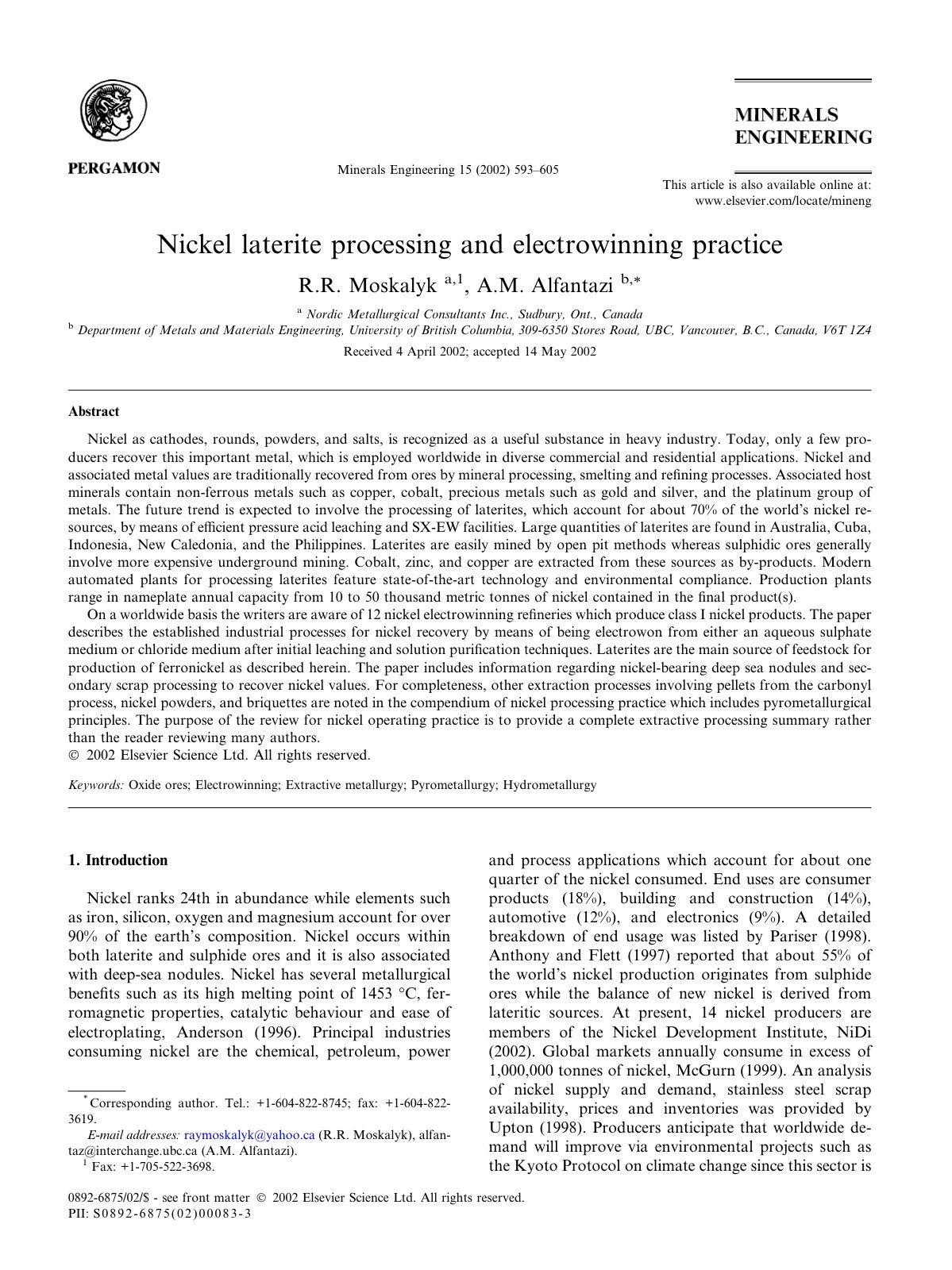 First page of Nickel laterite processing and electrowi