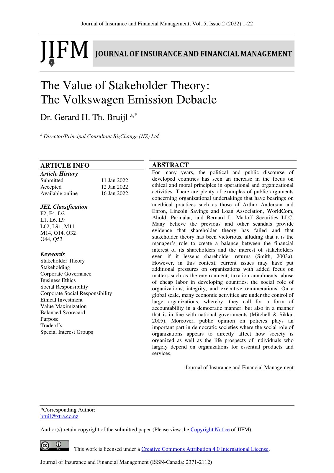 First page of The Value of Stakeholder Theory The Volk