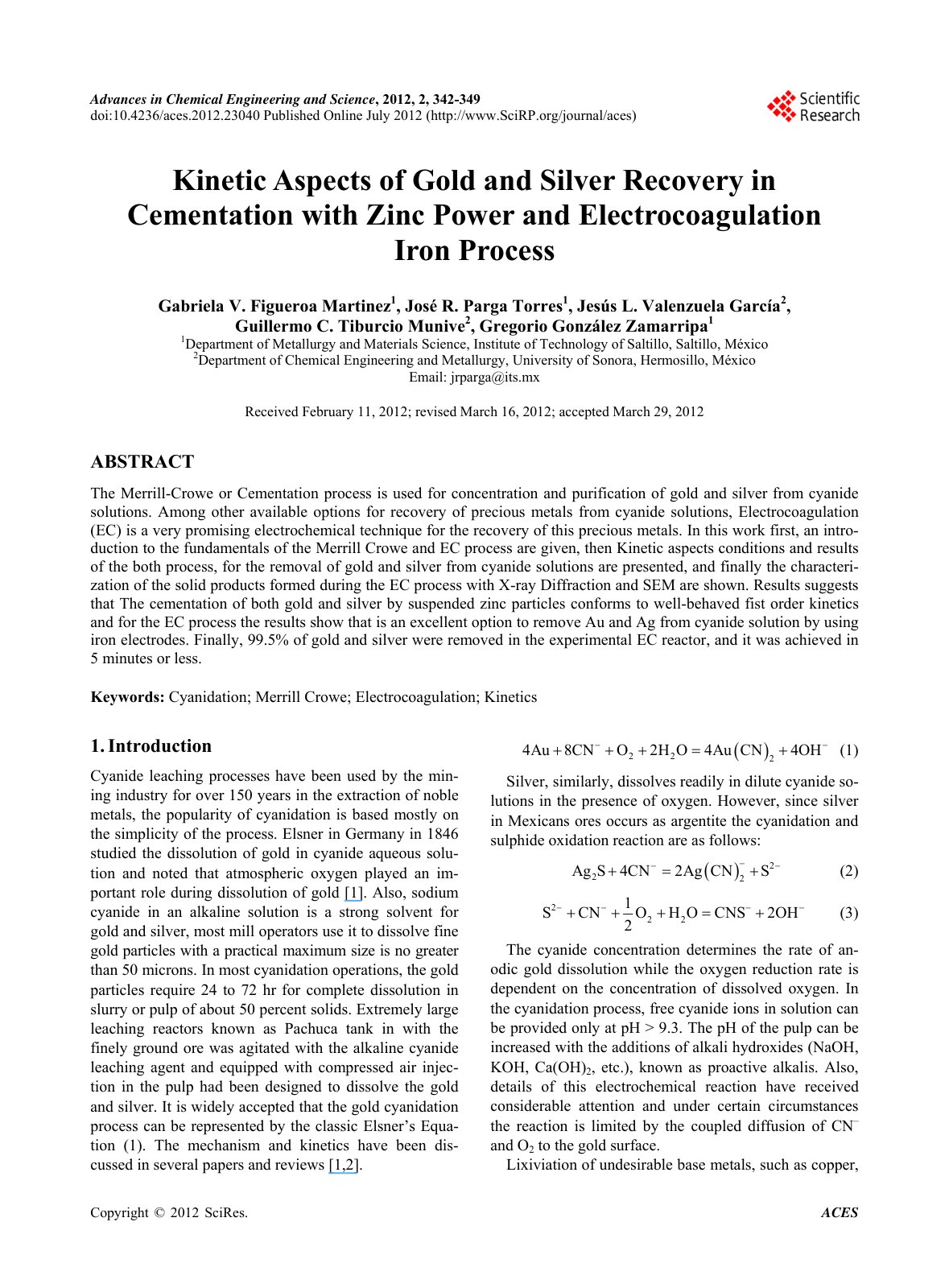First page of Kinetic Aspects of Gold and Silver Recovery in Cementation with Zinc Power and Electrocoagulation Iron Process