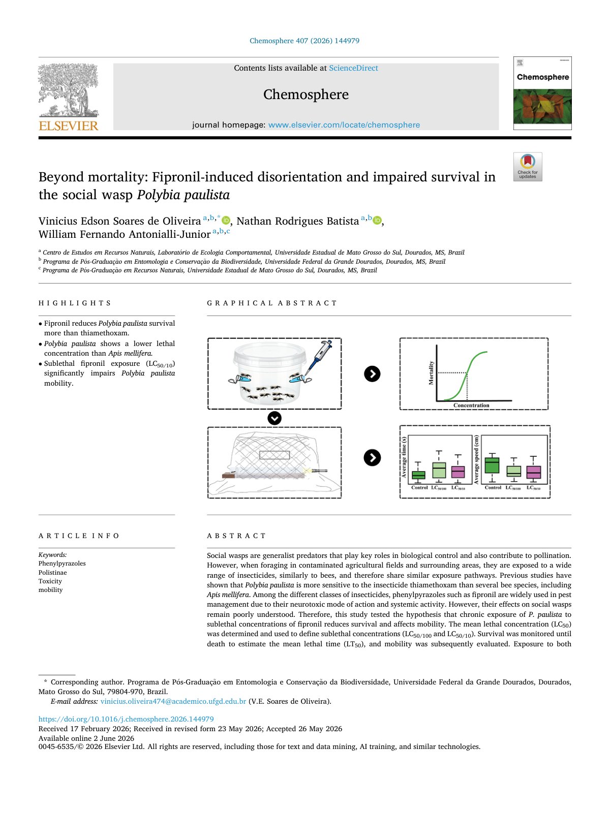 First page of Beyond mortality  Fipronil induced disorientation and impaired s 2026 Chemos