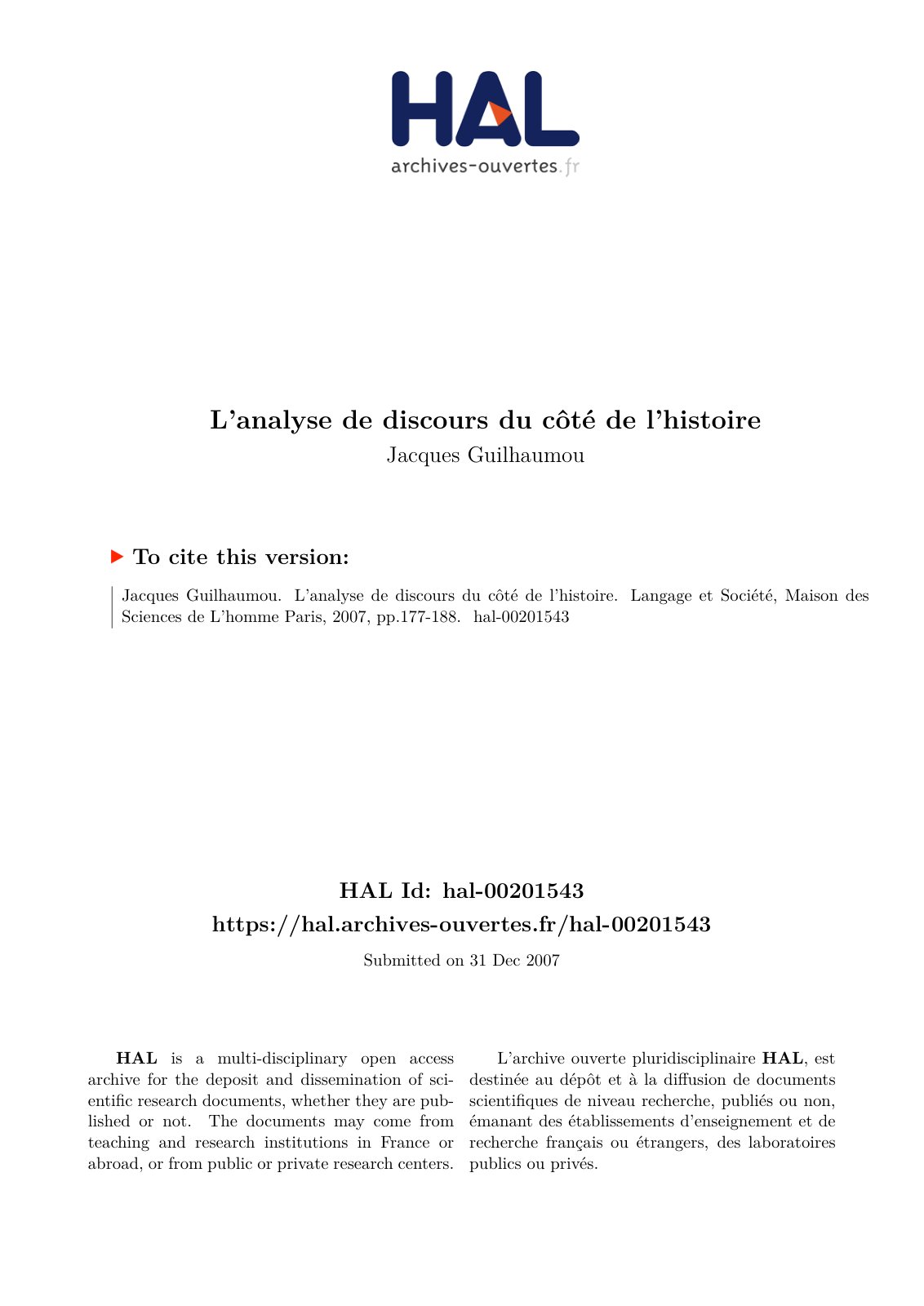 First page of L’analyse de discours du côté de l’histoire
