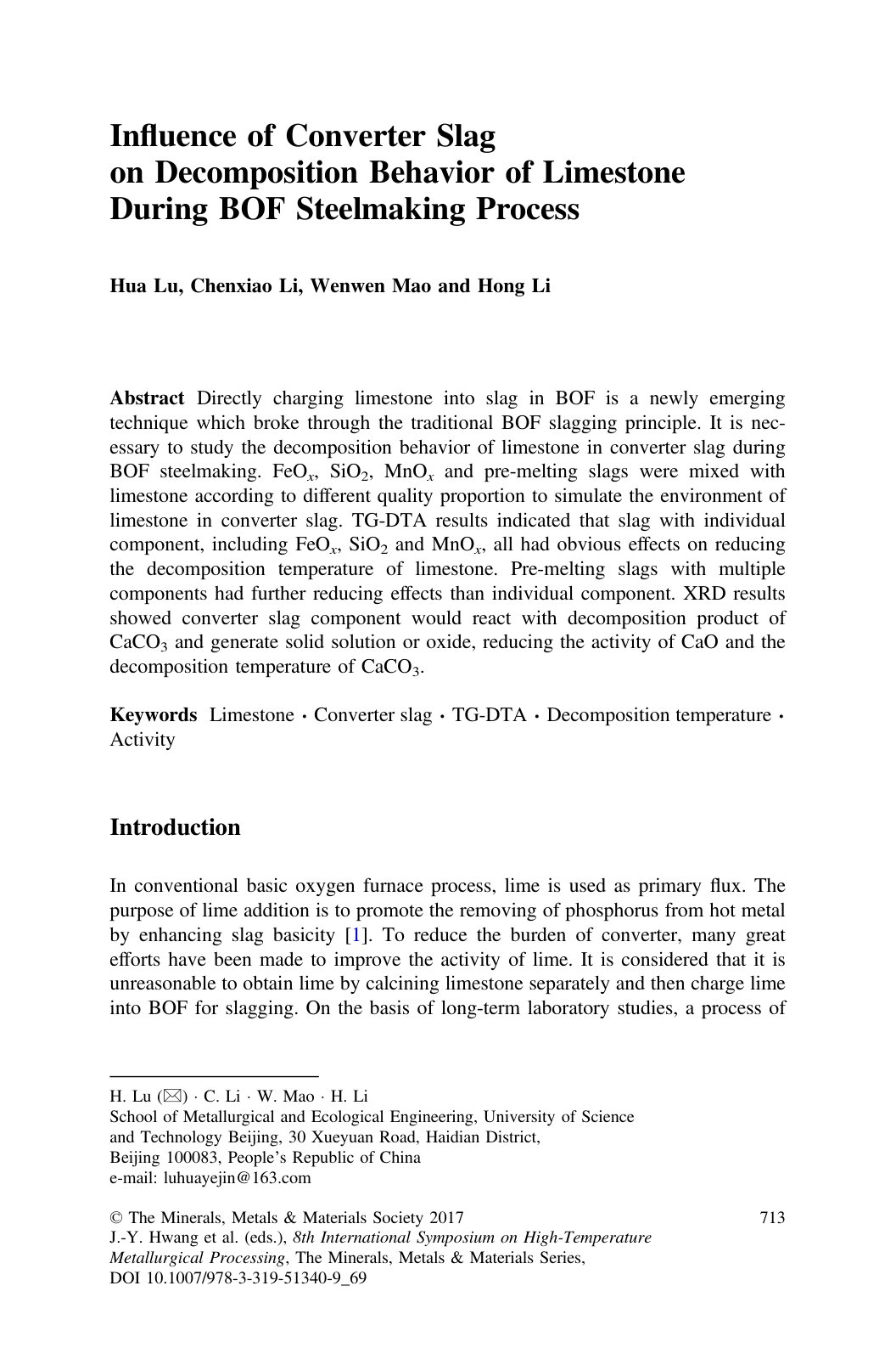 First page of Influence of Converter Slag on Decomposition Behavior of Limestone During BOF Steelmaking Process