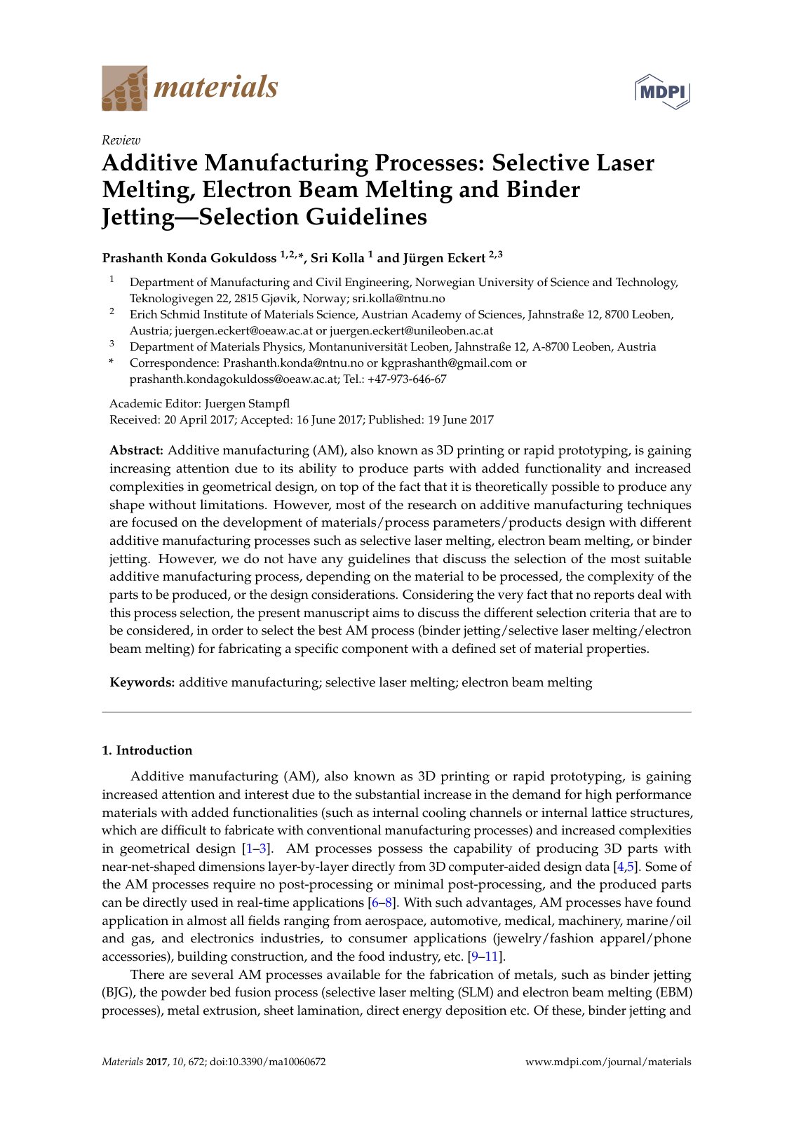 First page of Additive Manufacturing Processes: Selective Laser Melting, Electron Beam Melting and Binder Jetting—Selection Guidelines