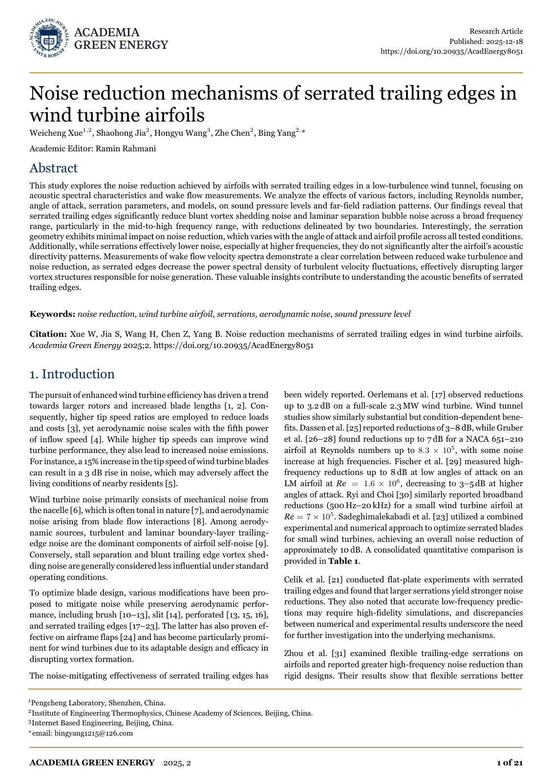 First page of Noise reduction mechanisms of serrated trailing edges in wind turbine airfoils