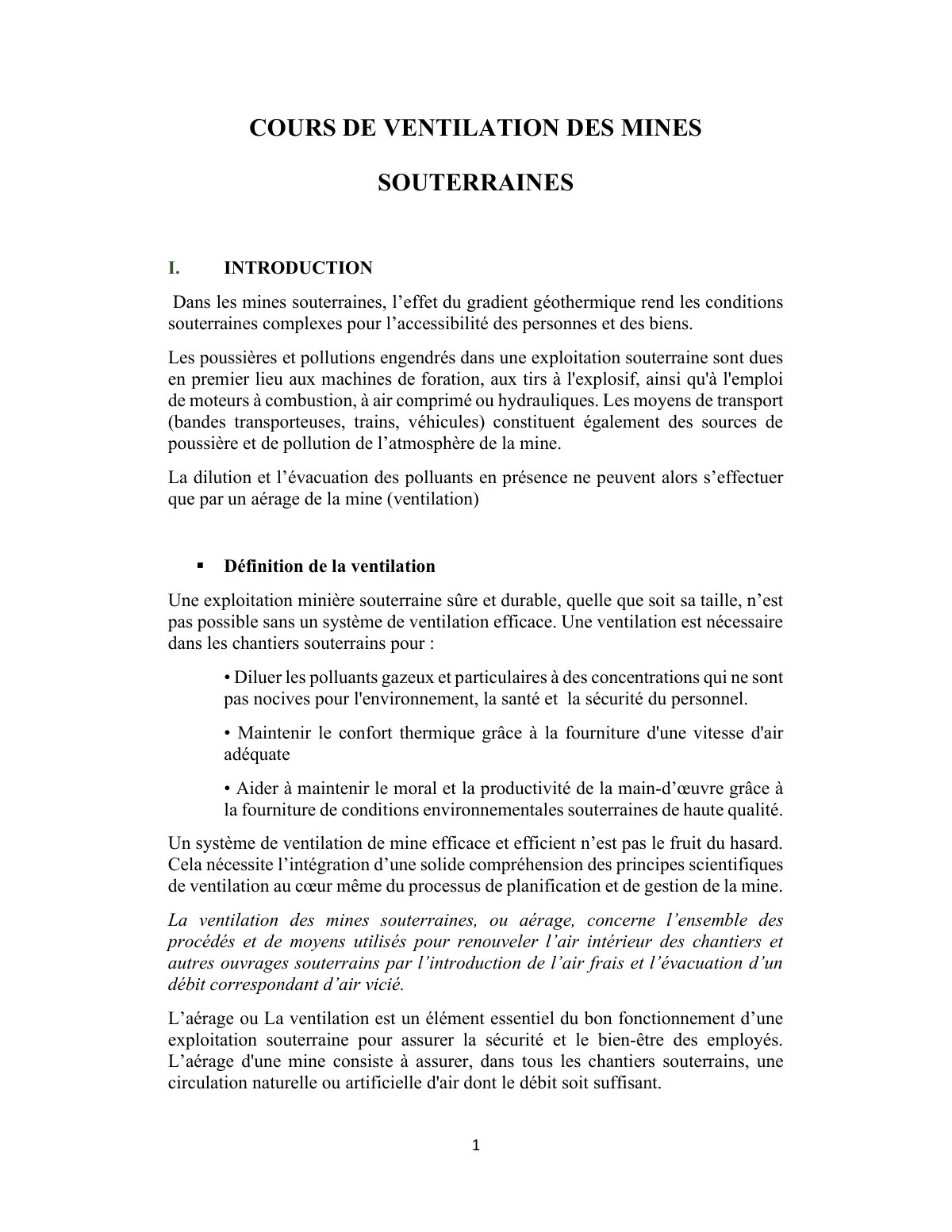 First page of Cours Ventilation des mines  I