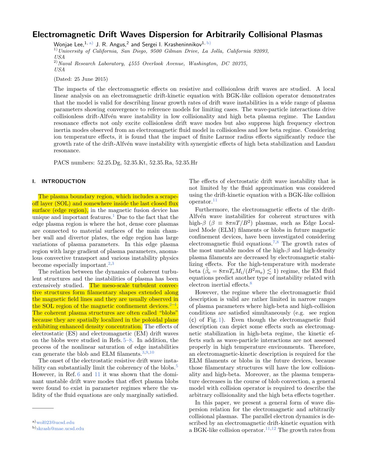 First page of Electromagnetic drift waves dispersion f