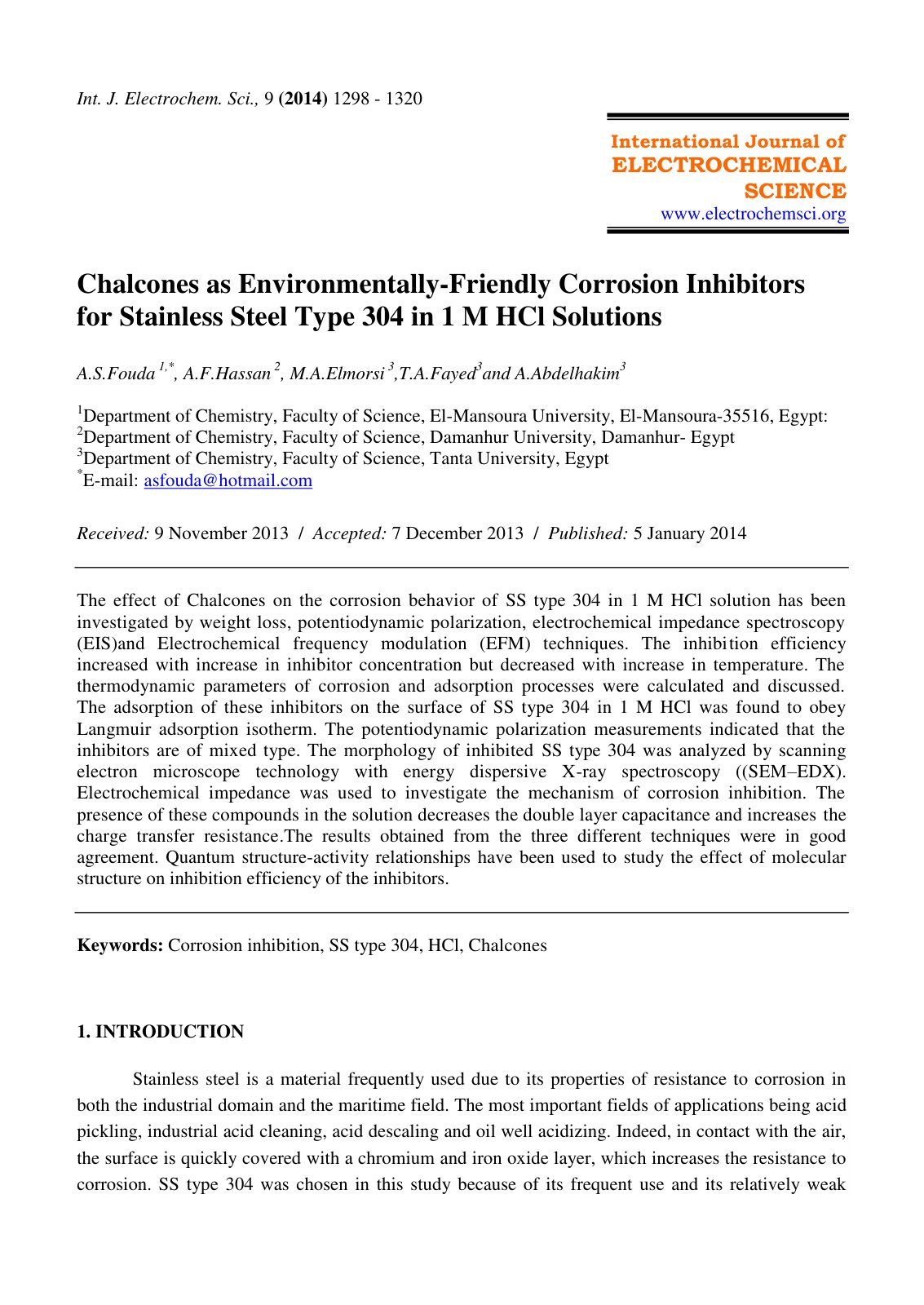 First page of Chalcones as Environmentally-Friendly Corrosion Inhibitors for Stainless Steel Type 304 in 1 M HCl Solutions