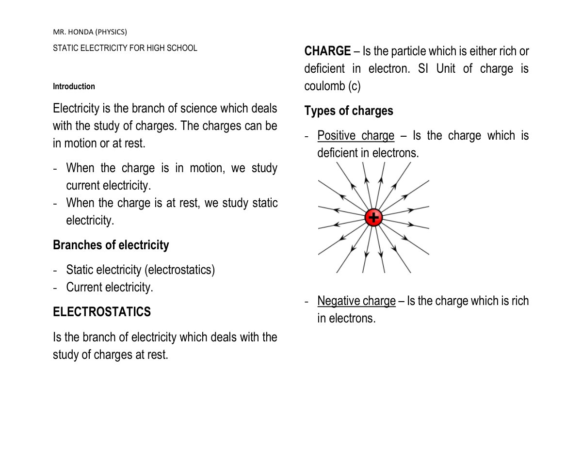 First page of Static Electricity for High School