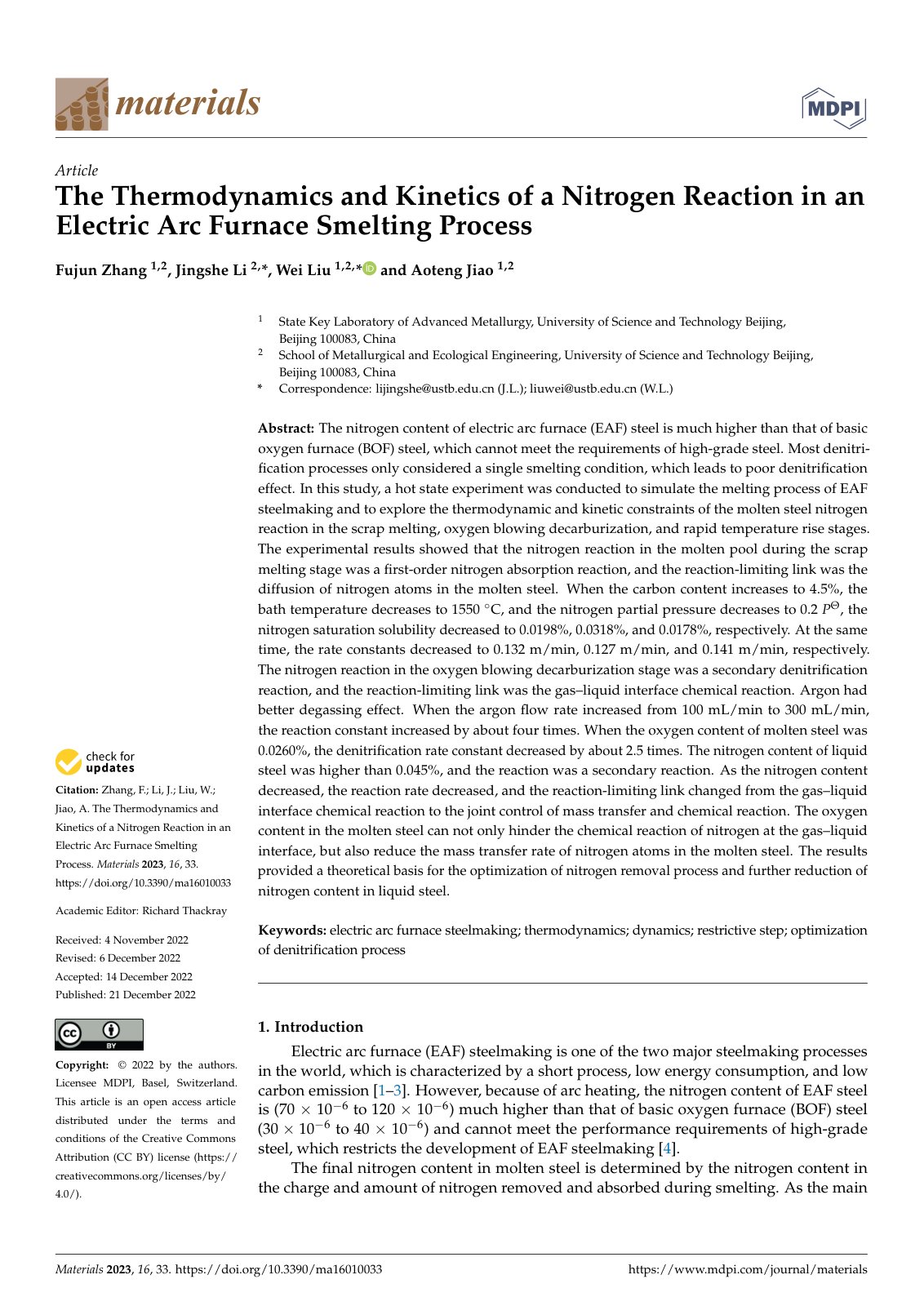 First page of 126 The Thermodynamics and Kinetics of a Nitrogen Reaction in an Electric Arc Furnace Smelting Process