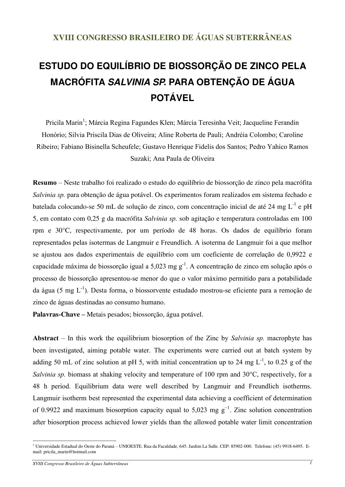 First page of Estudo Do Equilibrio De Biossorcao De Zi