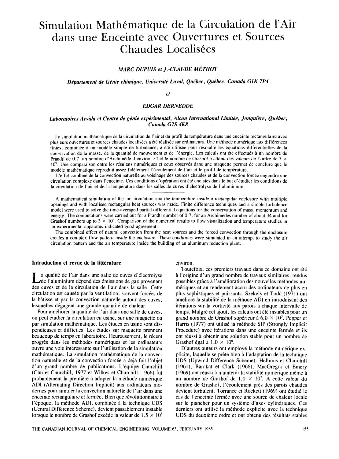 First page of Simulation Mathematique de la Circulation de 1’Air dans une Enceinte avec Ouvertures et Sources Chaudes Localisees