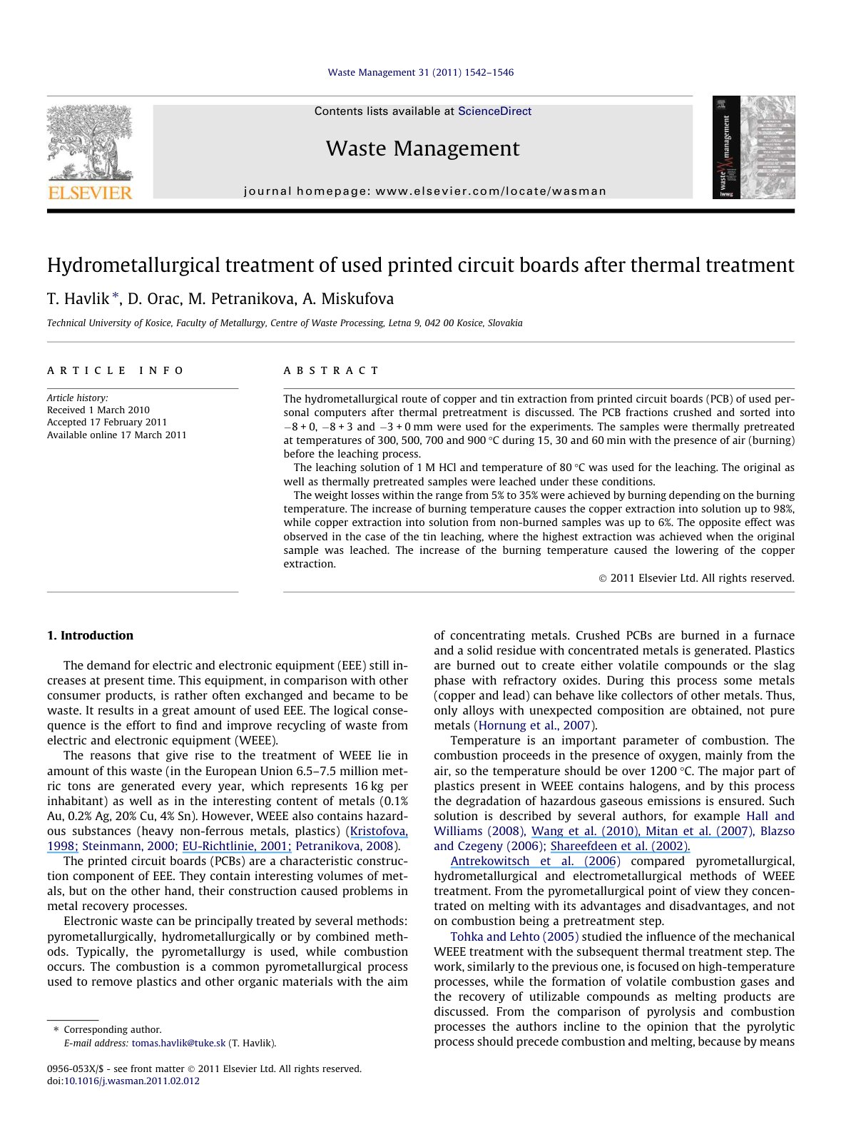 First page of Hydrometallurgical treatment of used pri