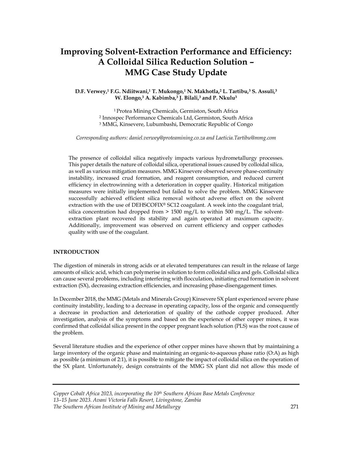 First page of Improving Solvent-Extraction Performance and Efficiency: A Colloidal Silica Reduction Solution – MMG Case Study Update