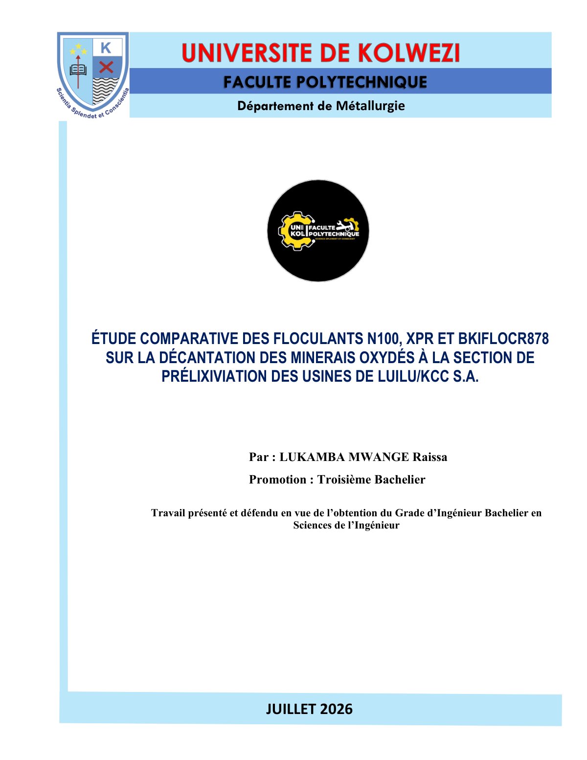 First page of ÉTUDE COMPARATIVE DES FLOCULANTS N100, XPR ET BKIFLOCR878 SUR LA DÉCANTATION DES MINERAIS OXYDÉS À LA SECTION DE PRÉLIXIVIATION DES USINES DE LUILU/KCC S.A.