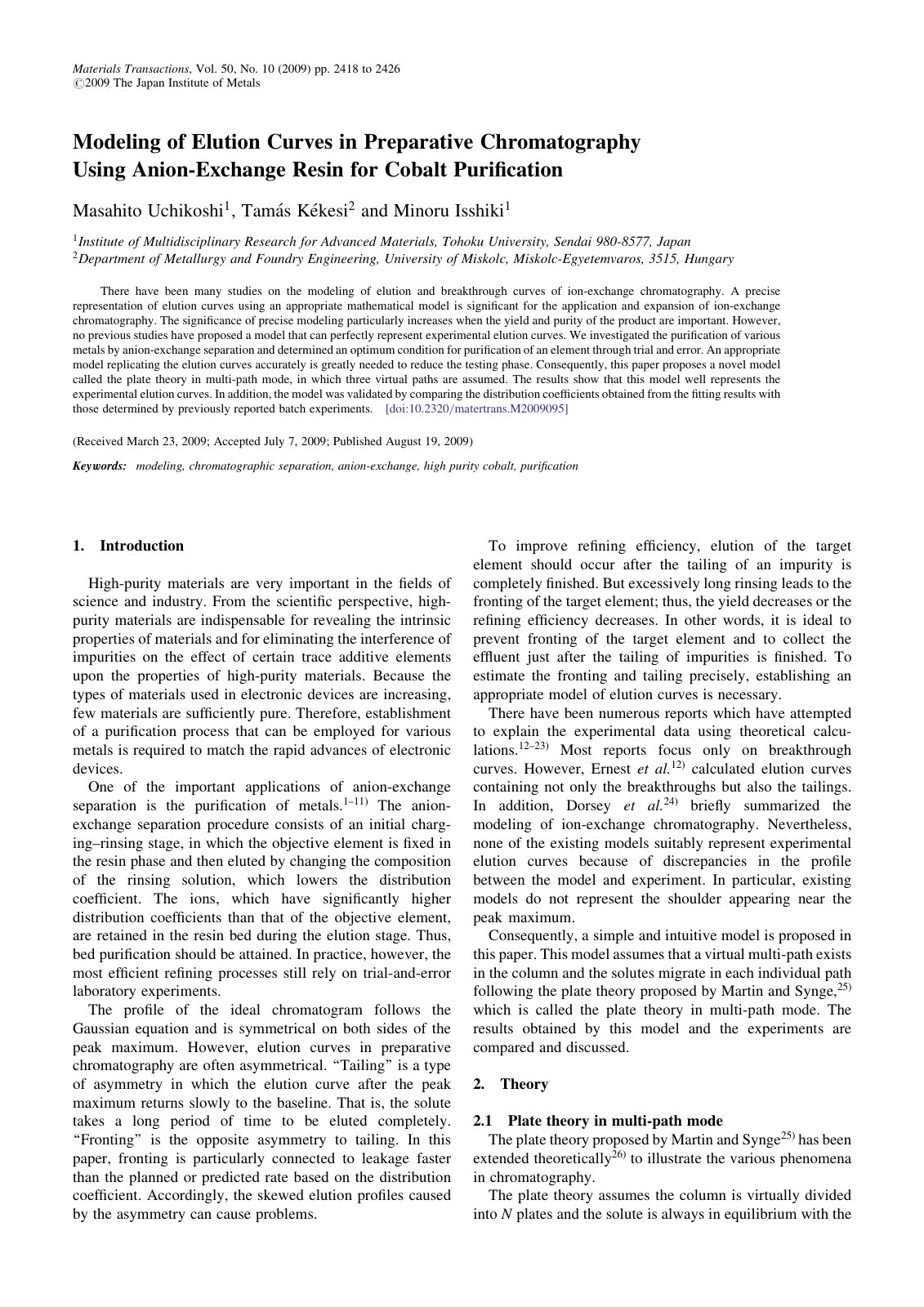 First page of Modeling of Elution Curves in Preparative Chromatography Using Anion-Exchange Resin for Cobalt Puriﬁcation