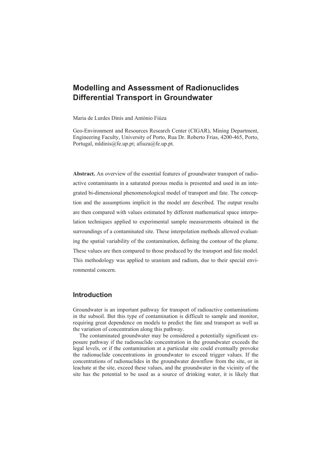 First page of Modelling and Assessment of Radionuclides Differential Transport in Groundwater