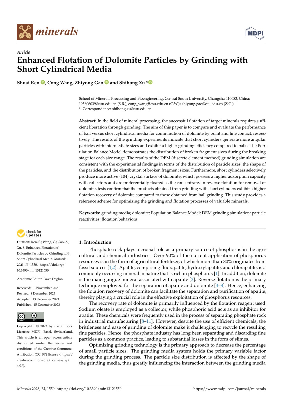 First page of Enhanced Flotation of Dolomite Particles by Grinding with Short Cylindrical Media