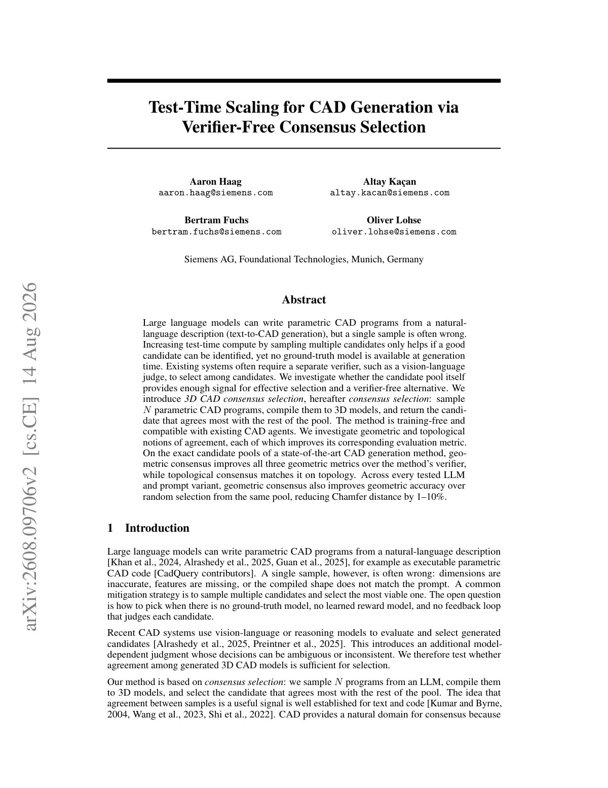 First page of Test-Time Scaling for CAD Generation via Verifier-Free Consensus Selection