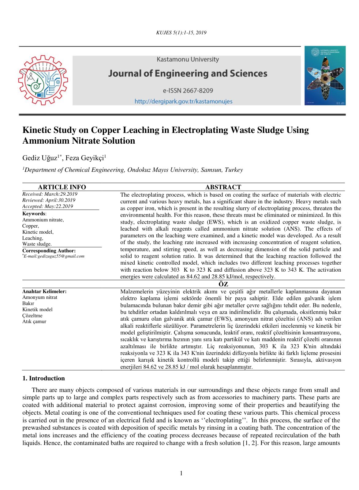 First page of Kinetic Study on Copper Leaching in Elec