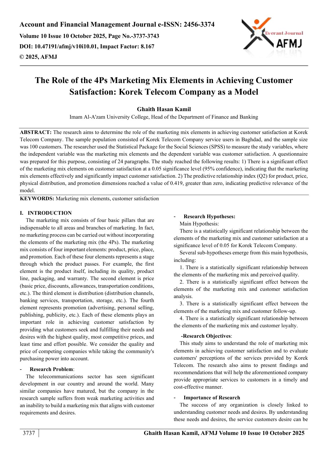 First page of The Role of the 4Ps Marketing Mix Elements in Achieving Customer  Satisfaction: Korek Telecom Company as a Model 