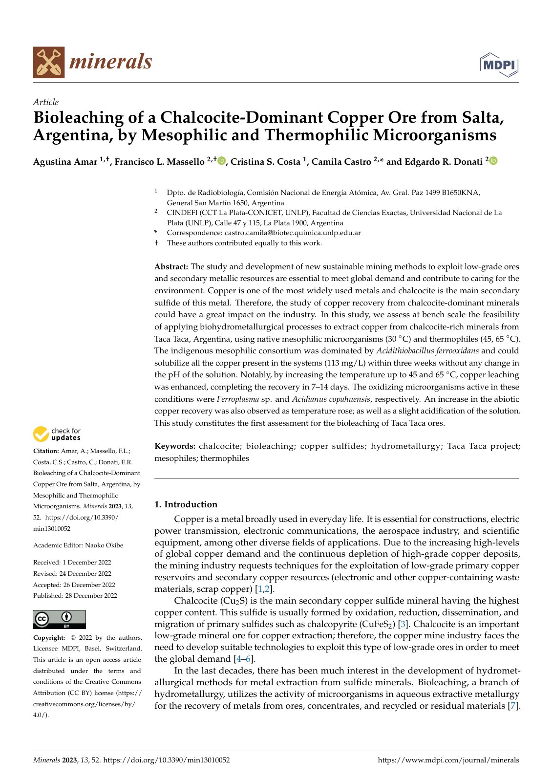 First page of Bioleaching of a Chalcocite Dominant Cop