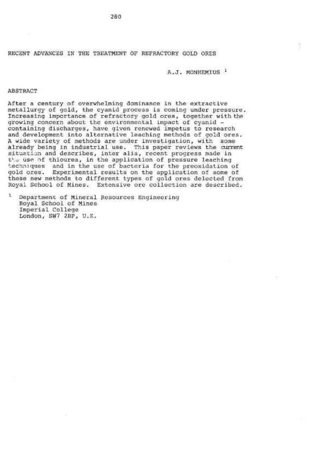 First page of 434   A.J. MONHEMIUS   RECENT ADVANCES IN THE TREATMENT OF REFRACTORY GOLO ORES