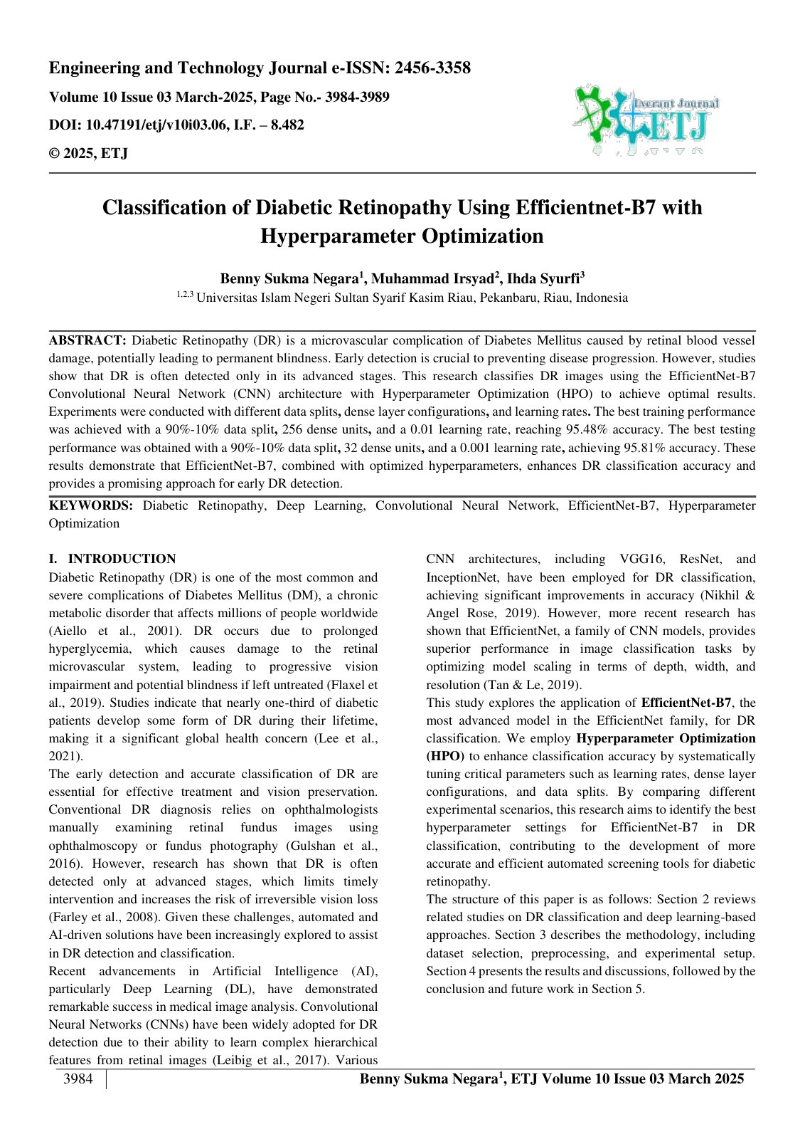 First page of Classification of Diabetic Retinopathy Using Efficientnet-B7 with  Hyperparameter Optimization  