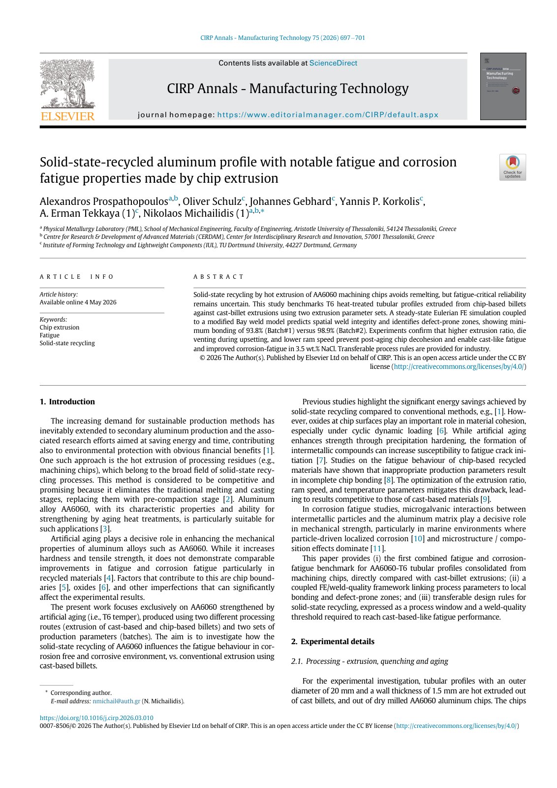 First page of Solid-state-recycled aluminum proﬁle with notable fatigue and corrosion fatigue properties made by chip extrusion