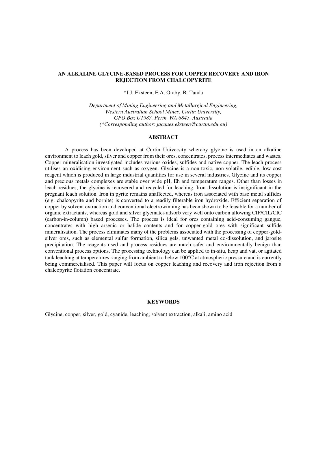 First page of An alkaline glycine based process for co
