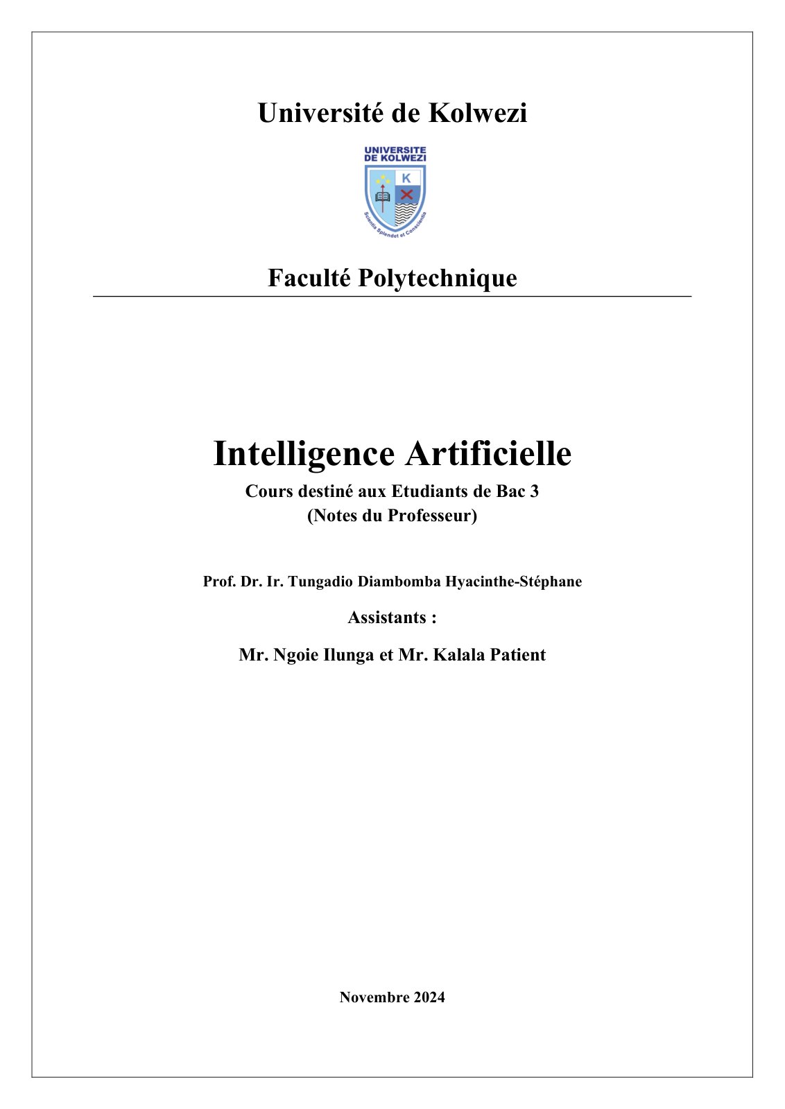 First page of Intelligence Artificielle Bac 3 Polyt Unikol 2025 Chap 1 2