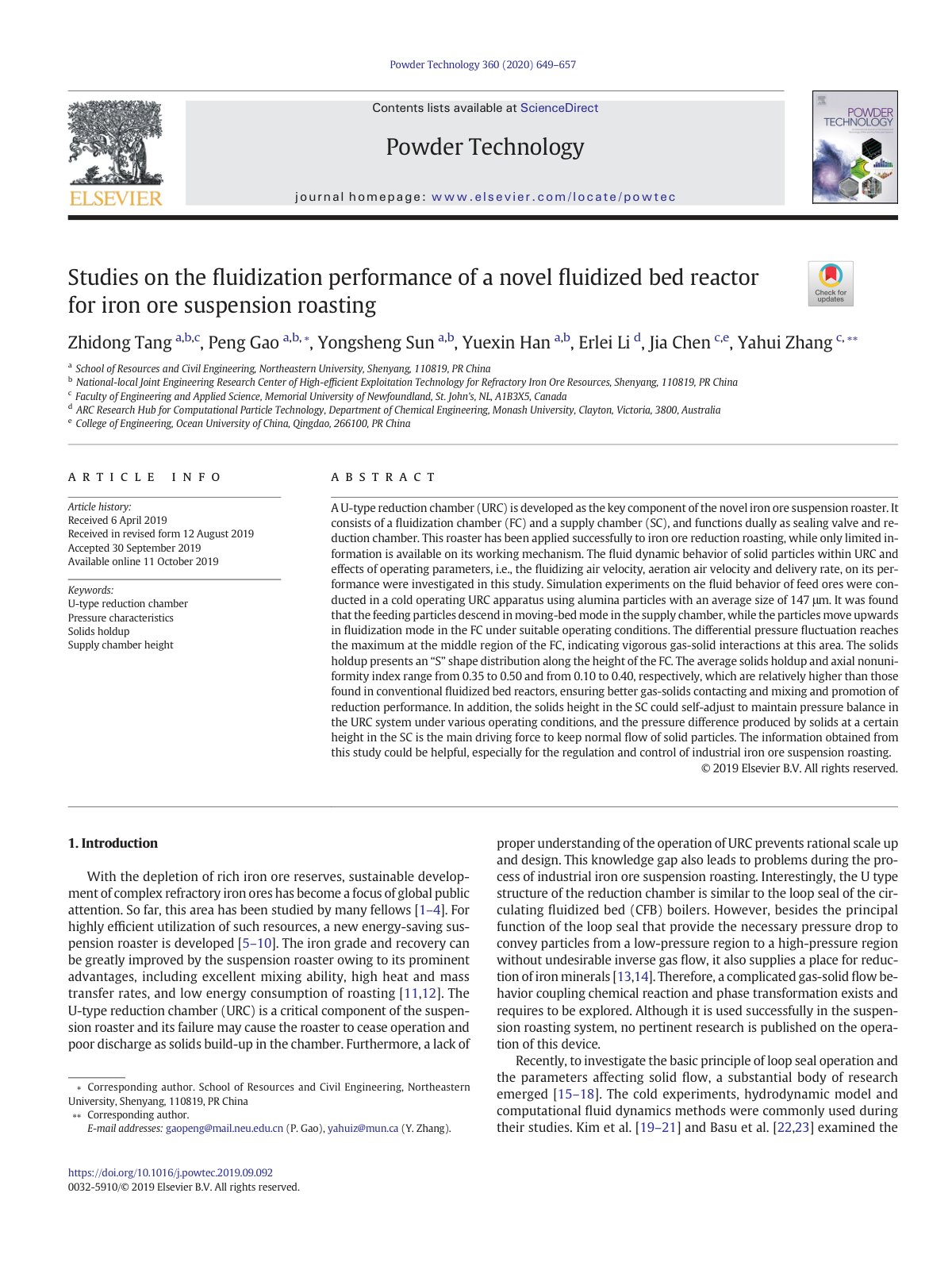 First page of Studies on the fluidization performance of a novel fluidized bed reactor for iron ore suspension roasting