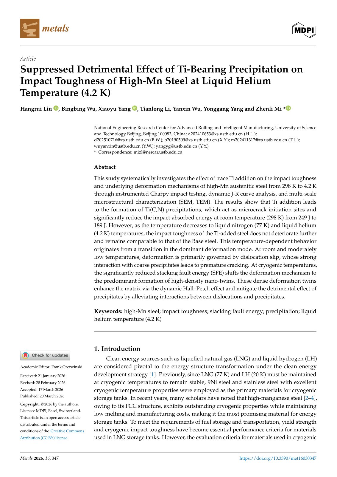 First page of 2026 Liu Ti Precipitation Impact Toughness High Mn Steel