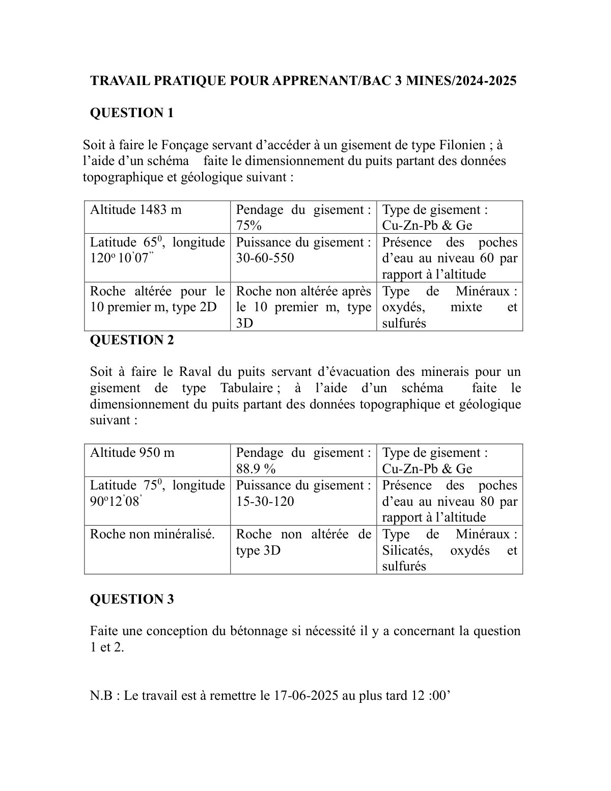 First page of TPE Fonçage BAC 3 Mines 2025