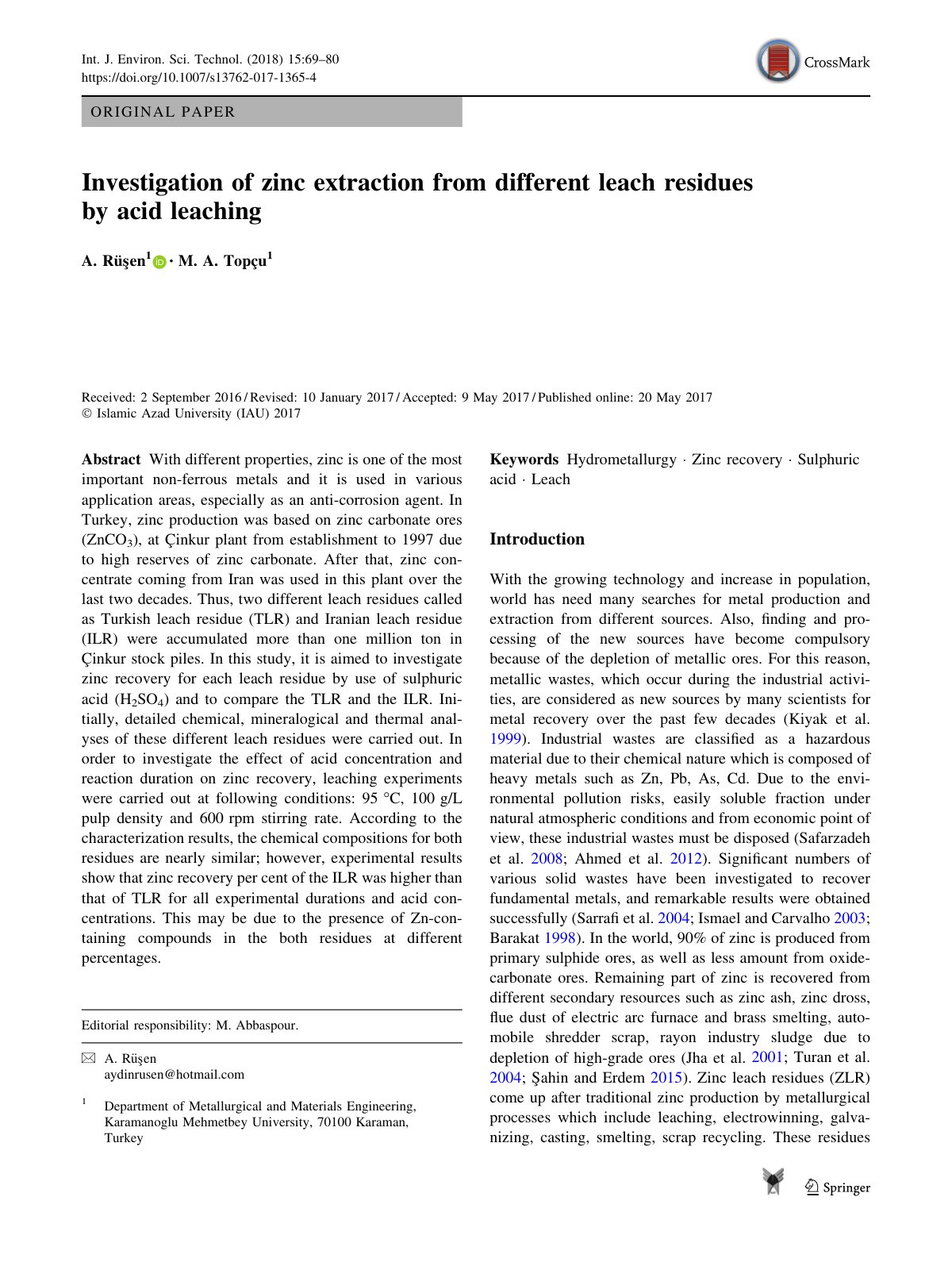 First page of Investigation of zinc extraction from different leach residues by acid leaching